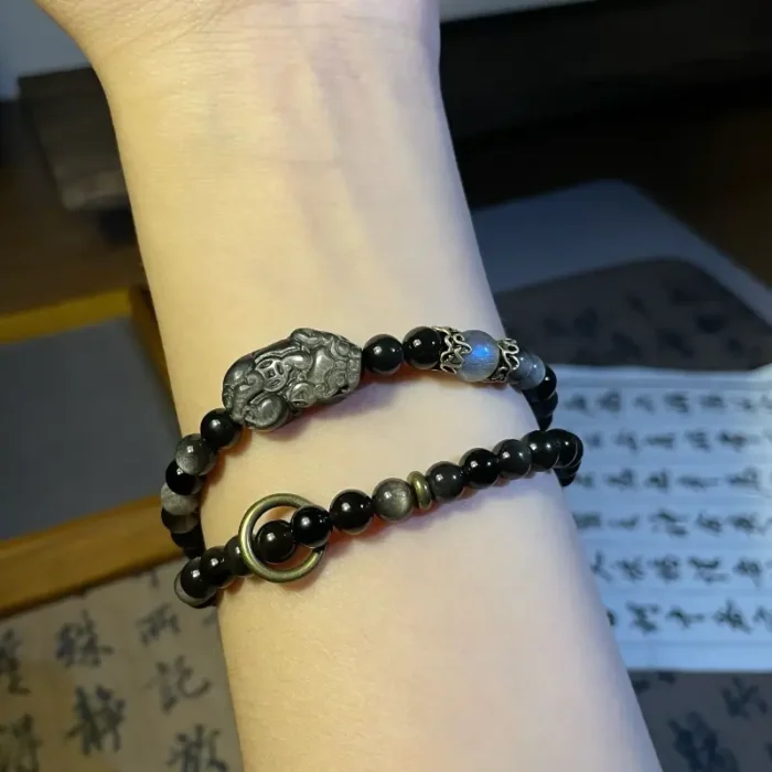 Silver Obsidian Pixiu Bracelet – “Treasure Attractor” Double Loop Design for Men & Women - Image 7