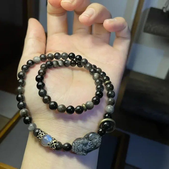 Silver Obsidian Pixiu Bracelet – “Treasure Attractor” Double Loop Design for Men & Women - Image 6