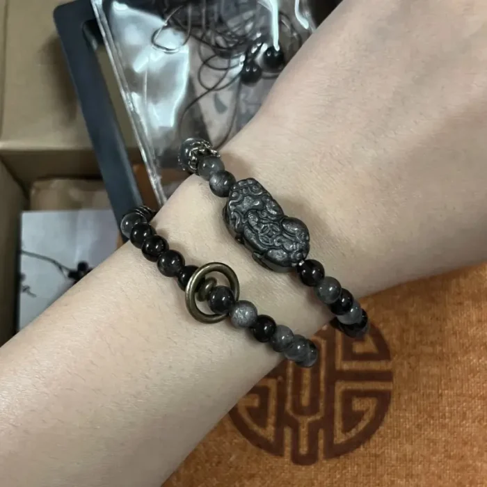 Silver Obsidian Pixiu Bracelet – “Treasure Attractor” Double Loop Design for Men & Women - Image 5
