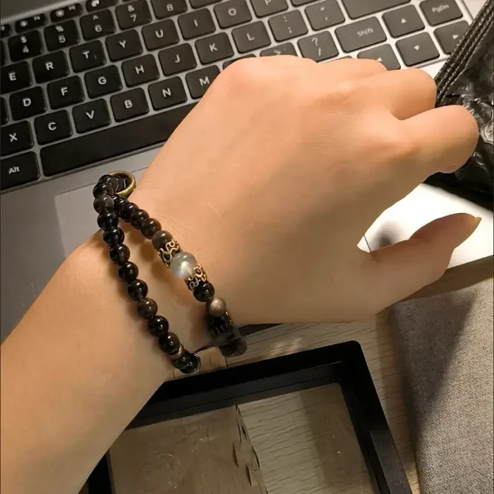 Silver Obsidian Pixiu Bracelet – “Treasure Attractor” Double Loop Design for Men & Women - Image 3
