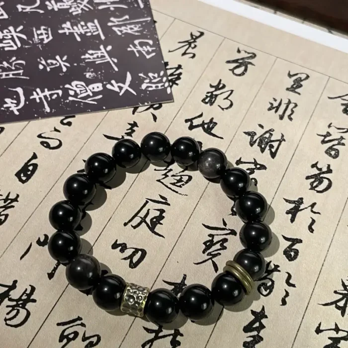 Black Obsidian Bead Bracelet – “Black Warrior” with Copper Loop Charm - Image 5