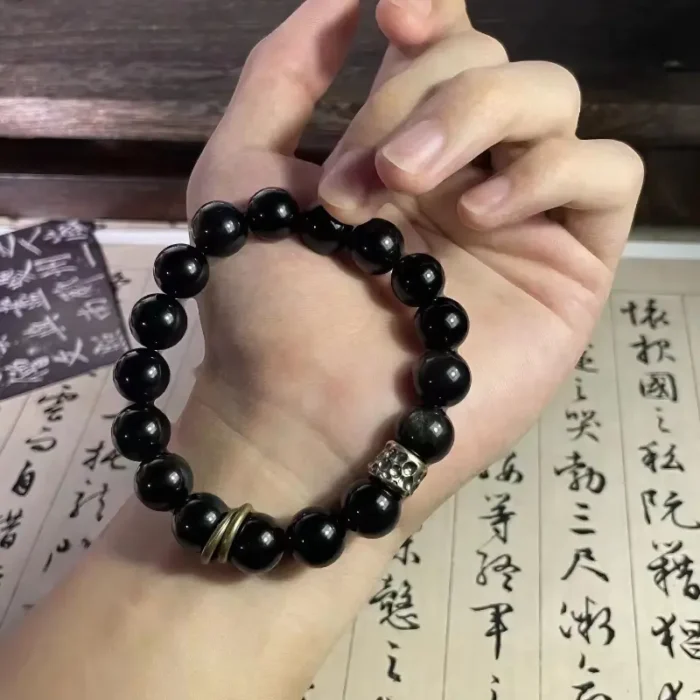 Black Obsidian Bead Bracelet – “Black Warrior” with Copper Loop Charm - Image 4