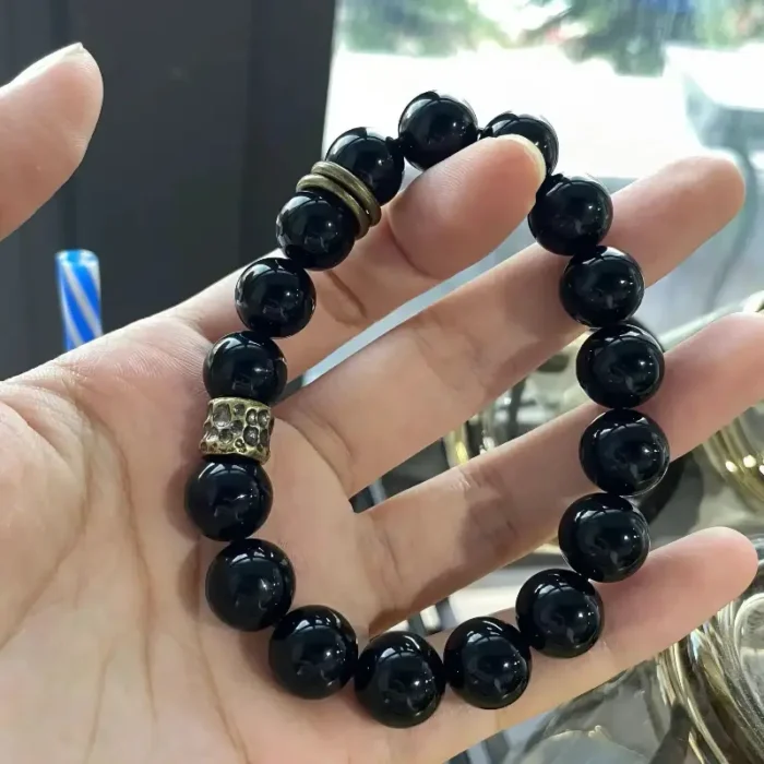 Black Obsidian Bead Bracelet – “Black Warrior” with Copper Loop Charm - Image 3