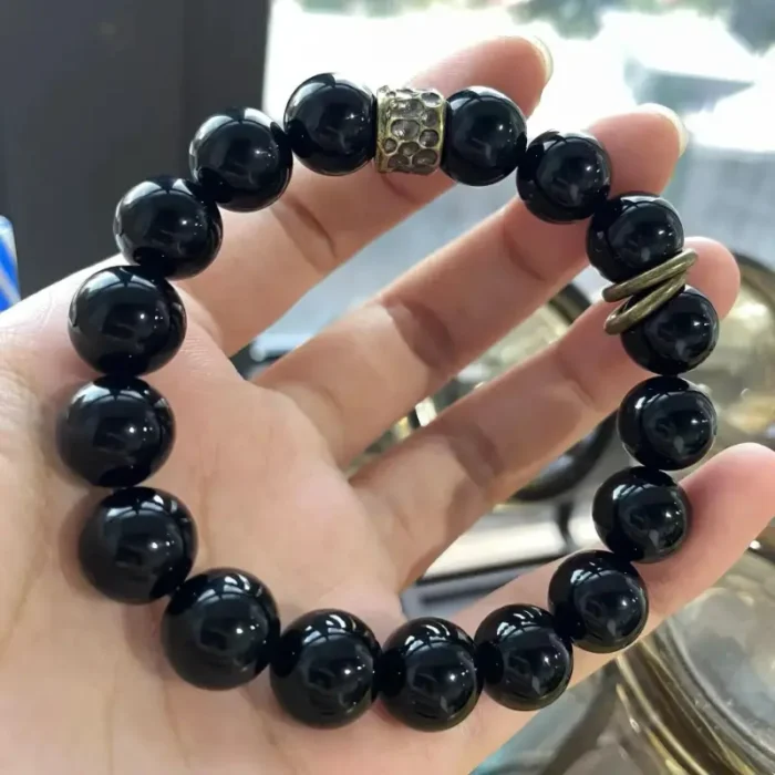 Black Obsidian Bead Bracelet – “Black Warrior” with Copper Loop Charm - Image 1