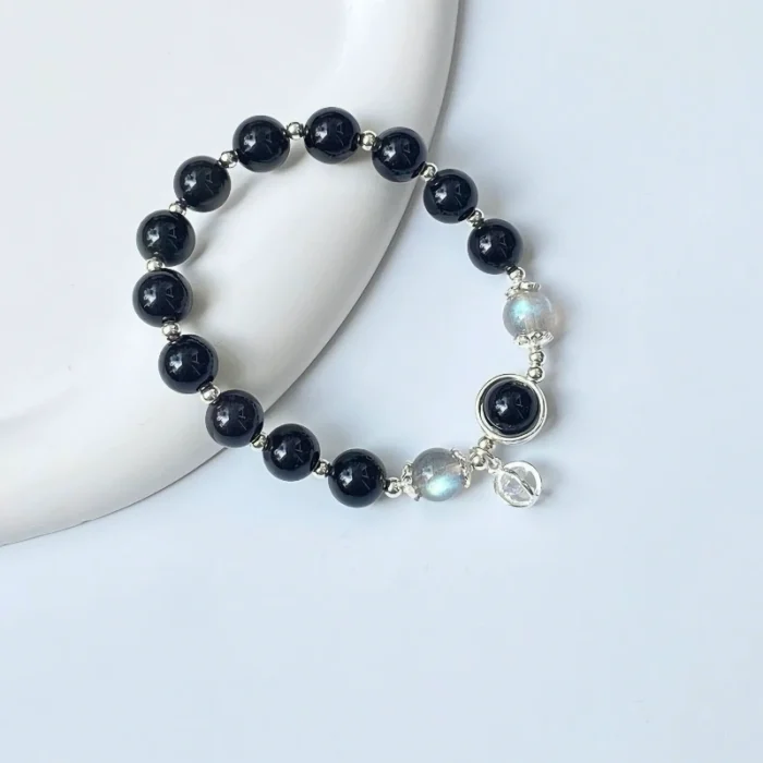 heiyaoshisilver2 Chasing the Light · Natural Obsidian & Moonstone Guardian Bracelet - Image 1