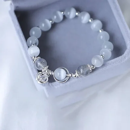 Whispering Moonlight · Natural Grey Moonstone & Cat's Eye Healing Bracelet