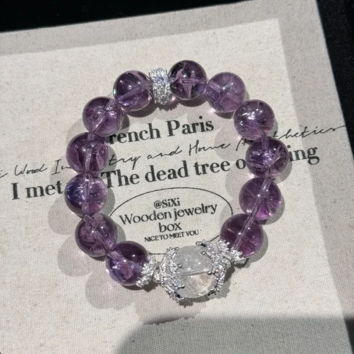 Violet Serenity · Natural Amethyst & Clear Quartz Wisdom Healing Bracelet - Image 4