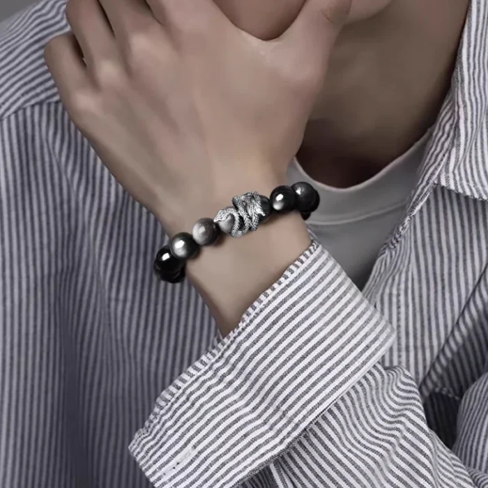 Transformation & Protection · Natural Silver Sheen Obsidian Snake Totem Bracelet - Image 2