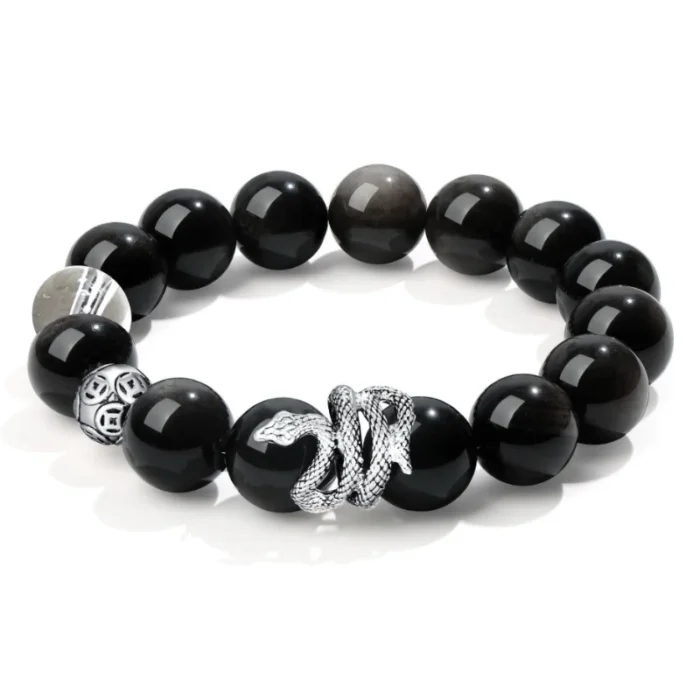 yinlingshe5 Transformation & Protection · Natural Silver Sheen Obsidian Snake Totem Bracelet - Image 1